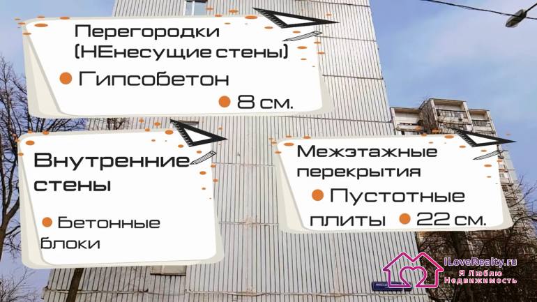 Стены также продолжают оставаться блочными, но с торцевой стороны они снова панельные внешние. Блочные внешние стены толщиной 40 сантиметров, внутренние от восемнадцати до тридцати сантиметров. Плюсы «брежневкок» - блочных домов серии И-522-А с панельными стенами